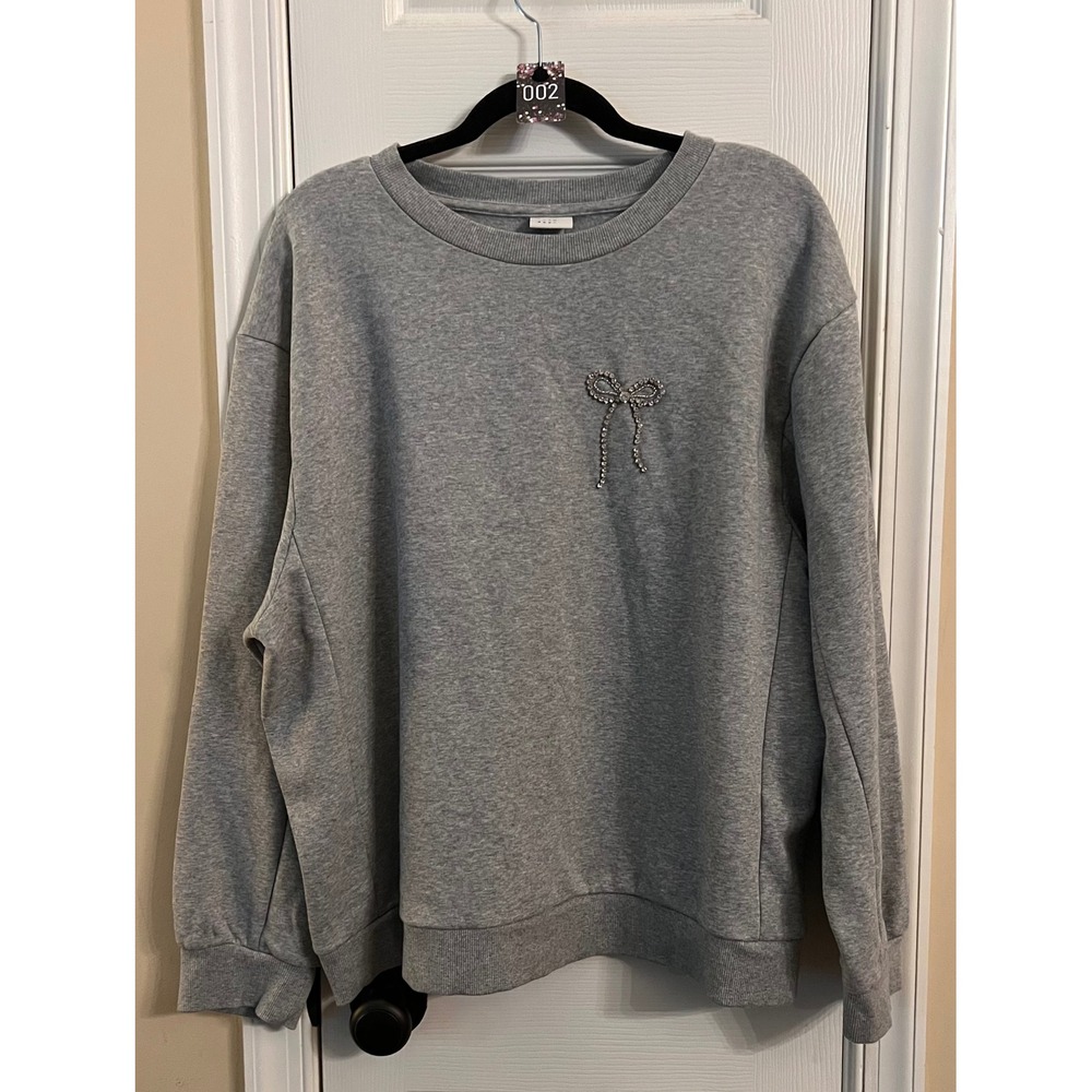 A New Day Womens Gray Rhinestone Bow Crewneck Sweatshirt XXL Heather Gray Top